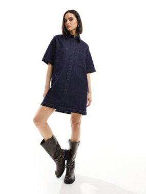 ASOS DESIGN short sleeve denim shirt dress in dark blue